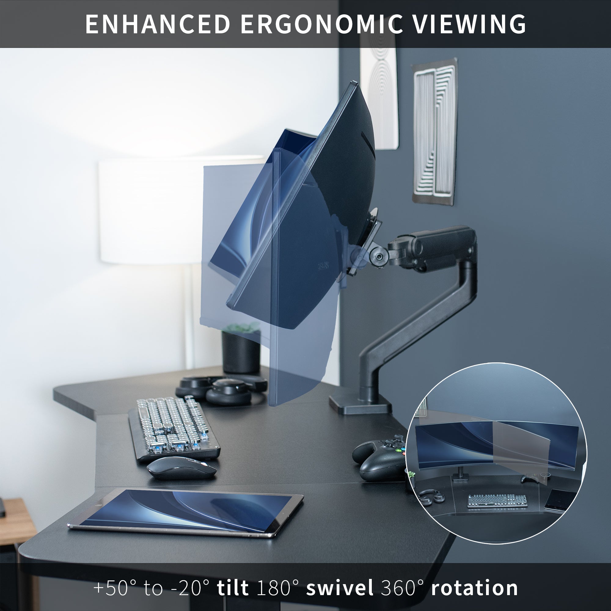 The ultimate ultra-wide mount for gamers and content creators alike, this premium stand perfectly counterbalances the weight of your 17” to 49” monitor (up to 44 lbs) for optimal ergonomic positioning.