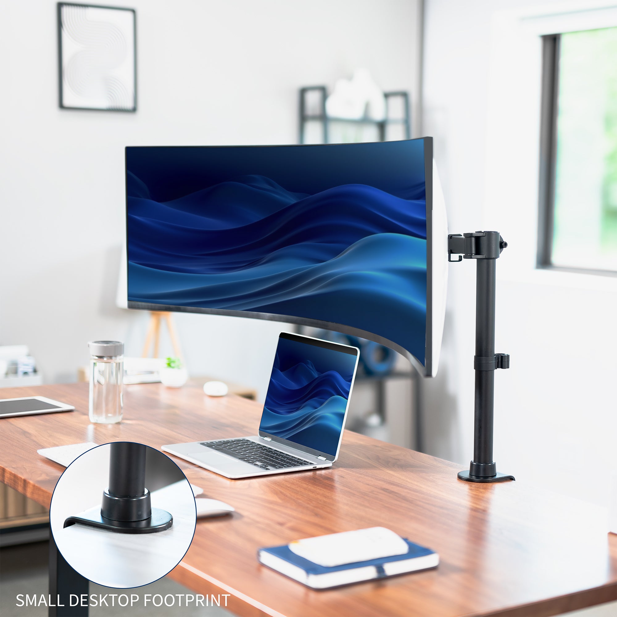 Single Ultrawide Monitor Desk Mount mounted to a walnut desk in home office, leaving a small desk footprint.