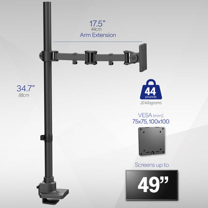 Extra tall single monitor ultrawide desk mount with extending arm.