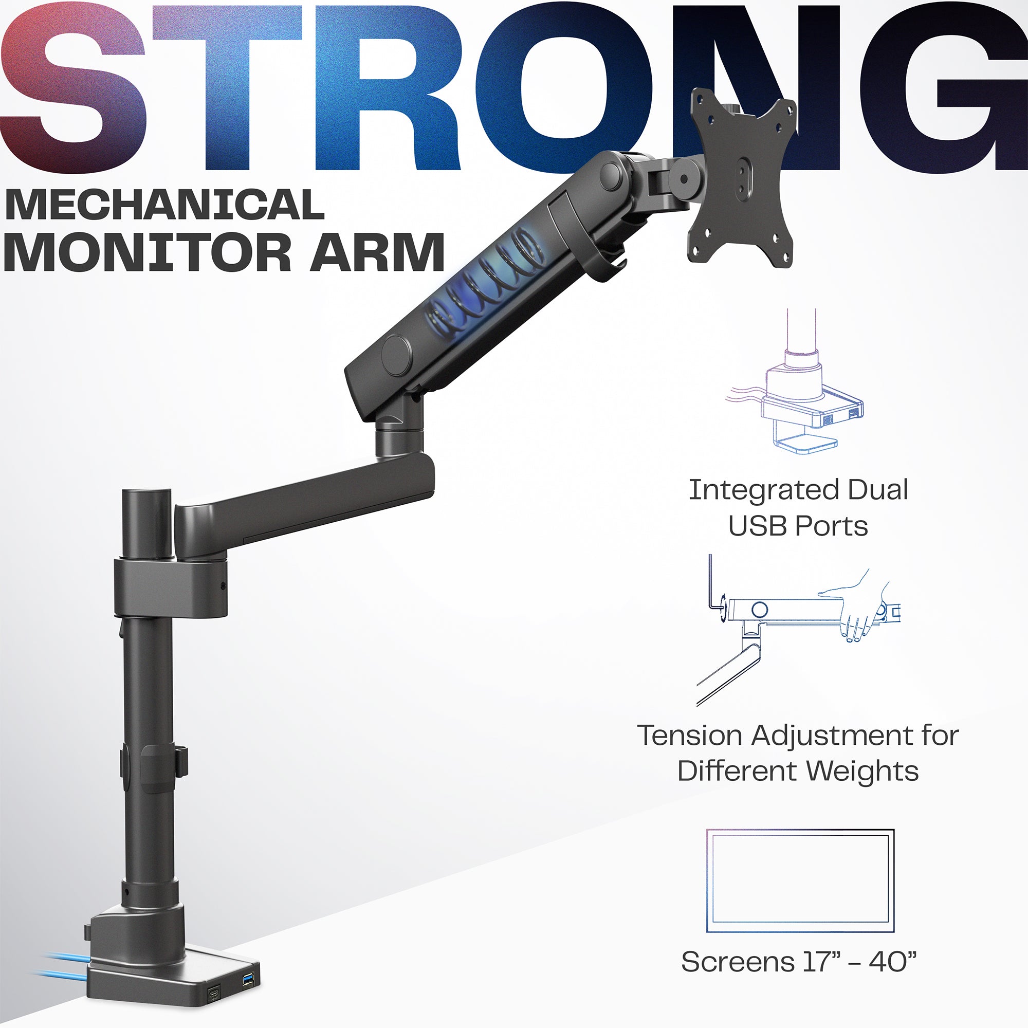 Pneumatic Arm Single Monitor Desk Mount with USB