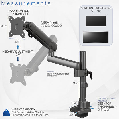 Pneumatic Arm Single Monitor Desk Mount with USB
