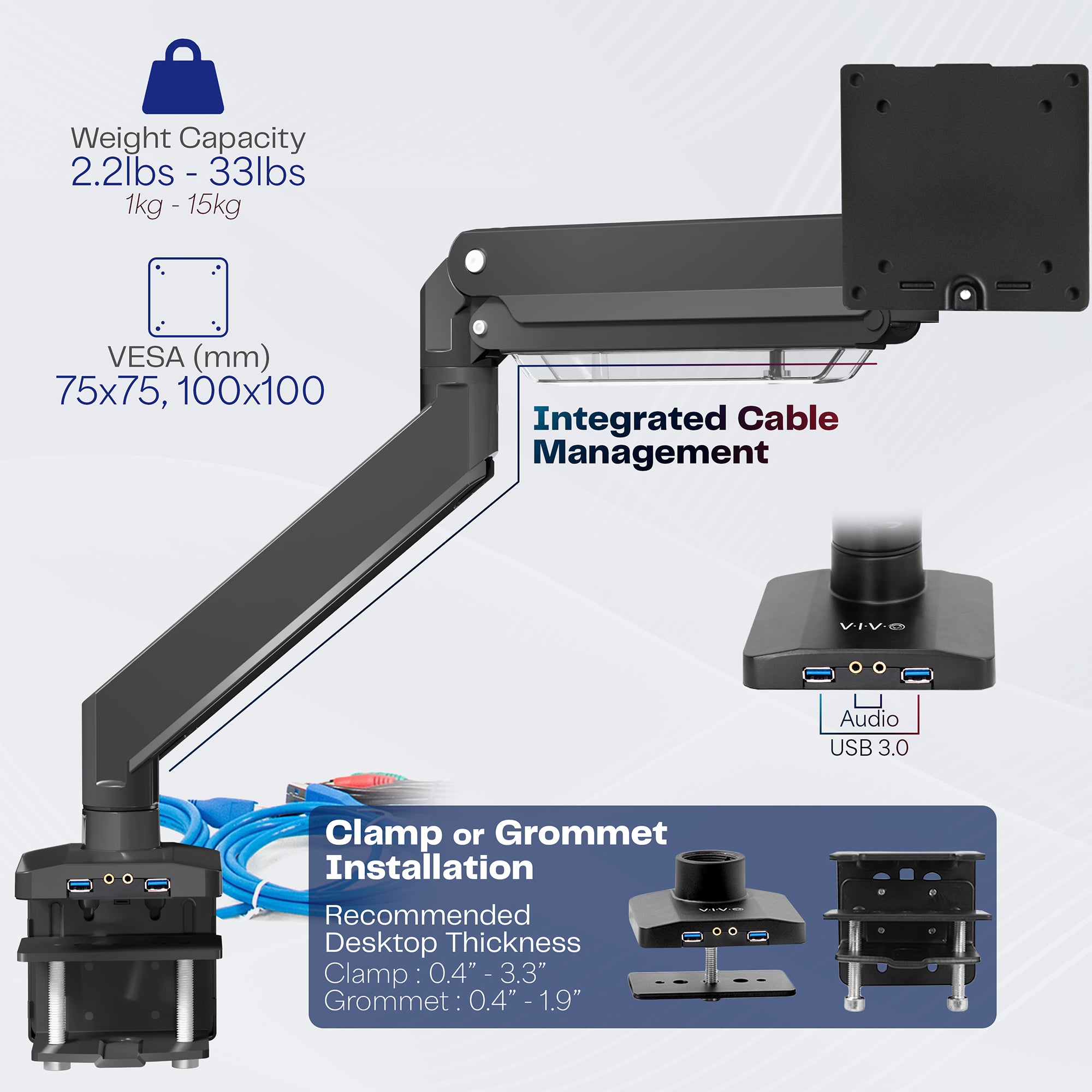 VIVO Premium Aluminum Heavy Duty Monitor Arm with 3.0 USB Ports