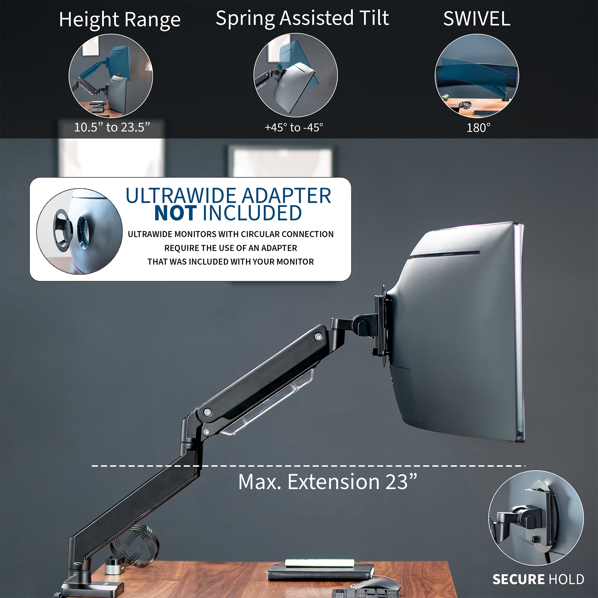 Sturdy adjustable pneumatic arm single ultrawide monitor ergonomic desk mount for office workstation