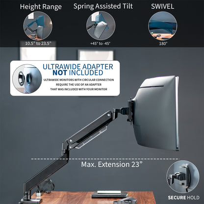 Sturdy adjustable pneumatic arm single ultrawide monitor ergonomic desk mount for office workstation