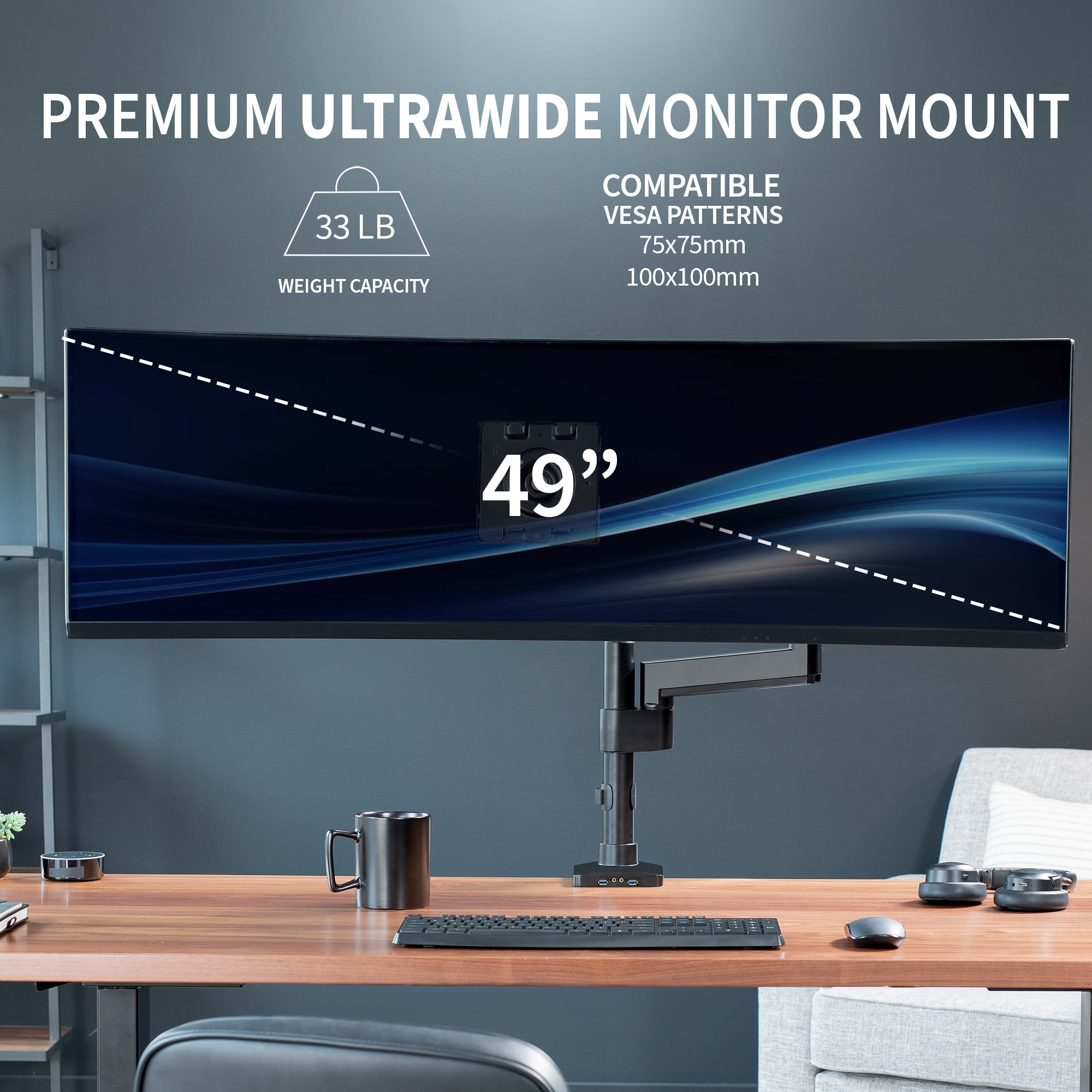 Sturdy adjustable pneumatic arm single ultrawide monitor ergonomic desk mount with USB ports for office workstation.