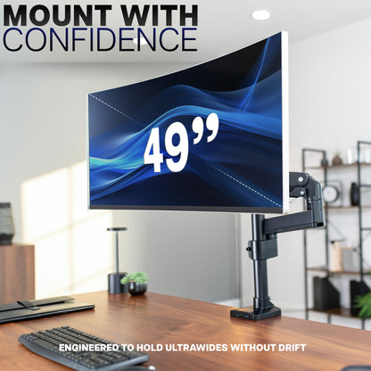 Monitor on a desk with 'Mount with Confidence' text and '49''' display