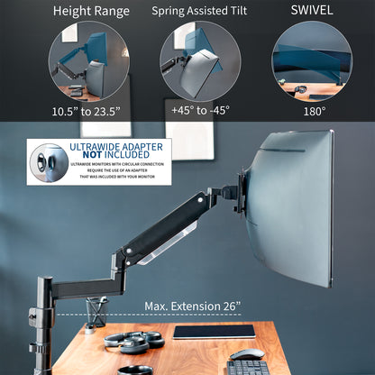 Sturdy adjustable pneumatic arm single ultrawide monitor ergonomic desk mount with USB ports for office workstation.