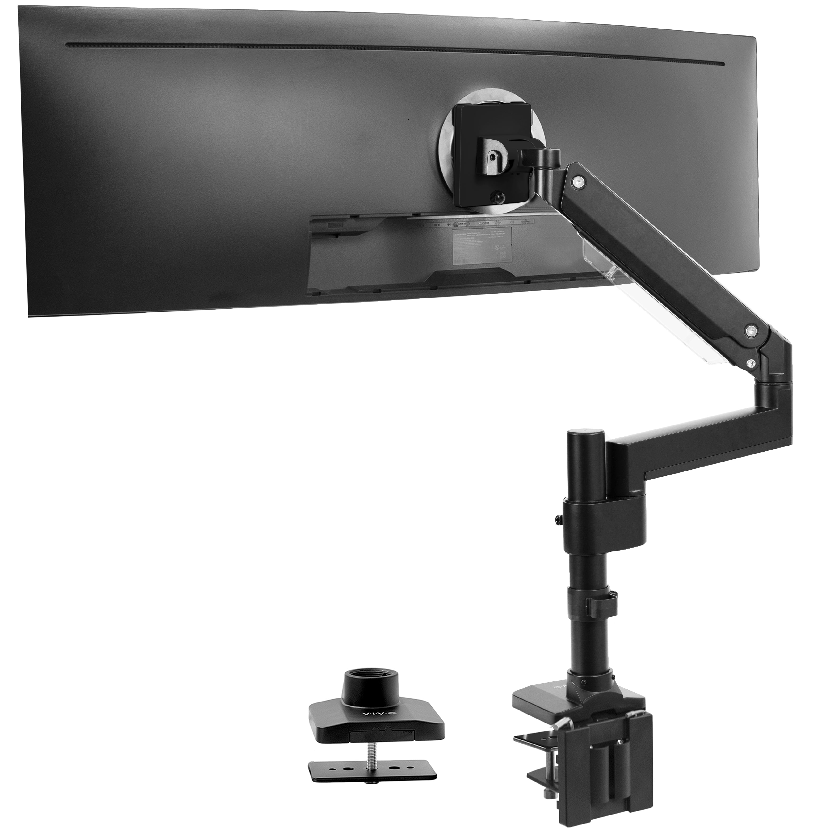 Sturdy adjustable pneumatic arm single ultrawide monitor ergonomic desk mount for office workstation.