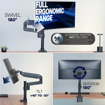 Ergonomic monitor stand with swivel, tilt, and rotation features on a desk setup.