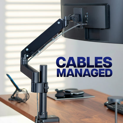 Monitor arm with cable management system on a desk, with 'Cables Managed' text.