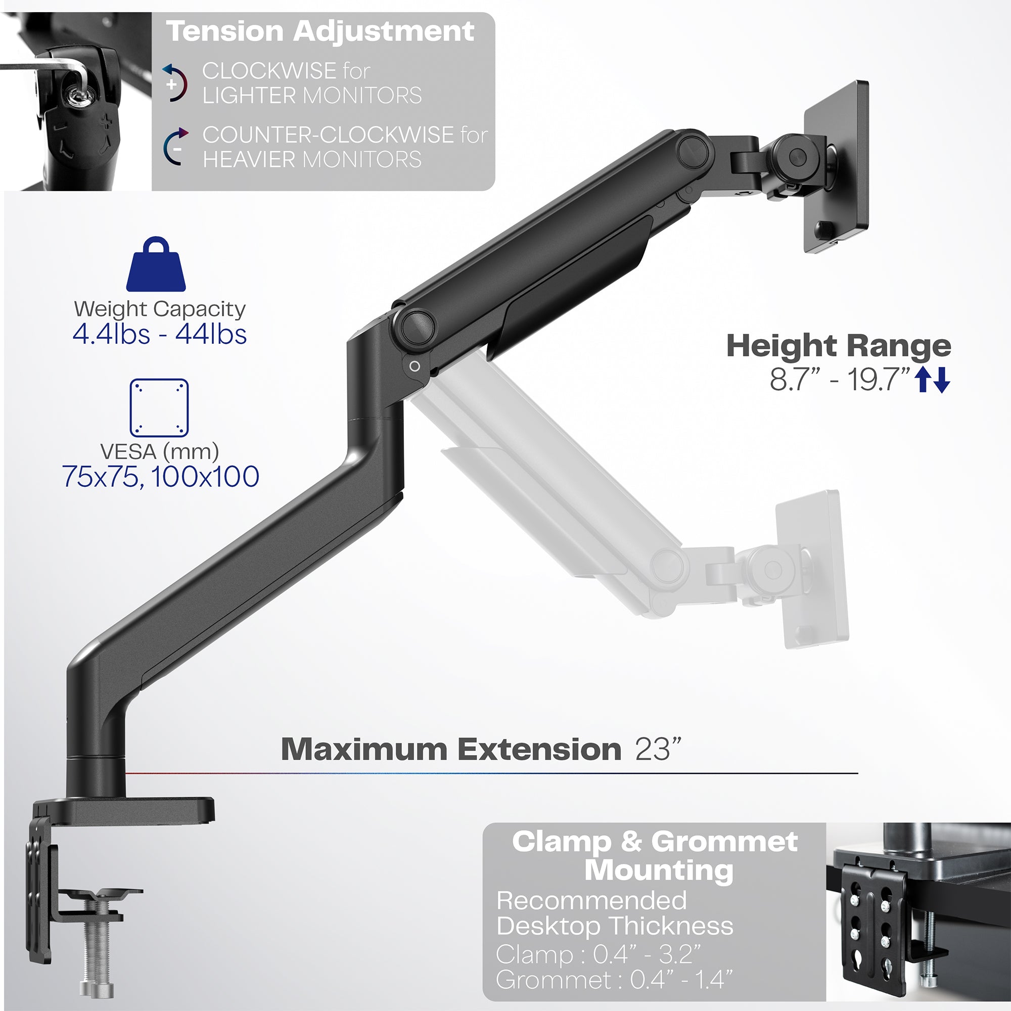 A black pneumatic arm desk mount displaying height range and maximum extension.