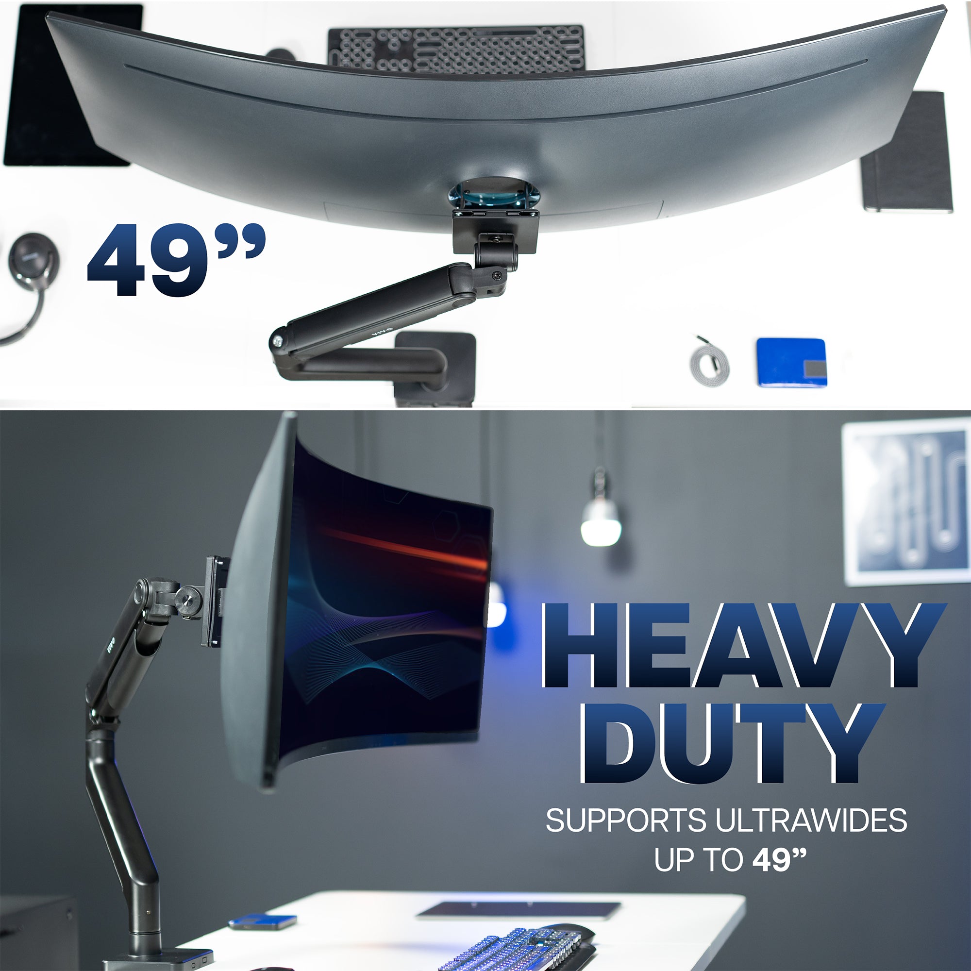 A single ultrawide computer monitor attached to a pneumatic arm desk mount with text.