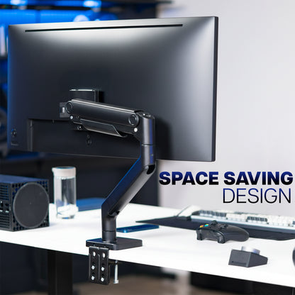 Pneumatic Arm Single Ultrawide Monitor Desk Mount on a desk, labeled 'Space Saving Design'.