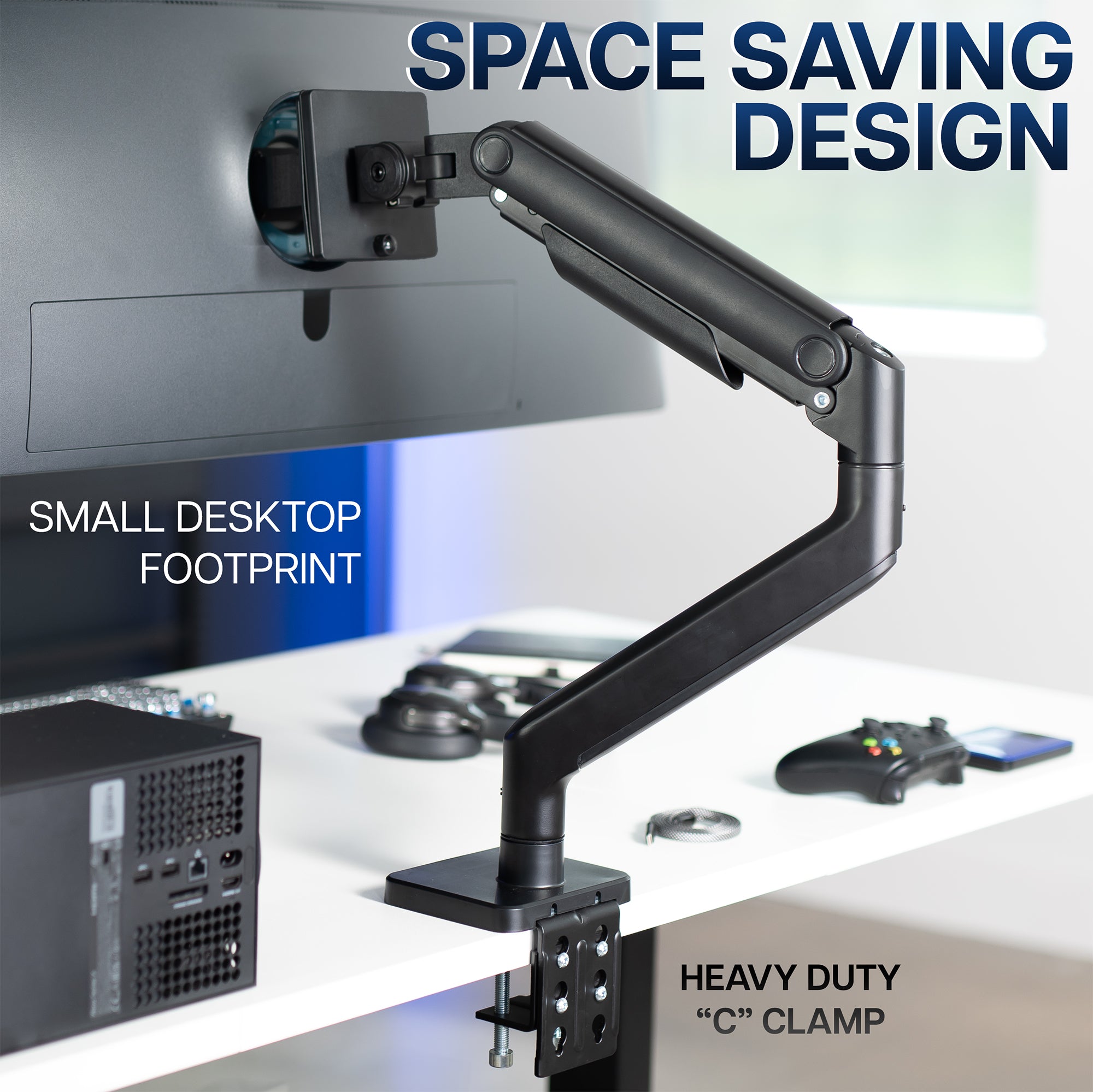 A single ultrawide computer monitor attached to a pneumatic arm desk mount with text.
