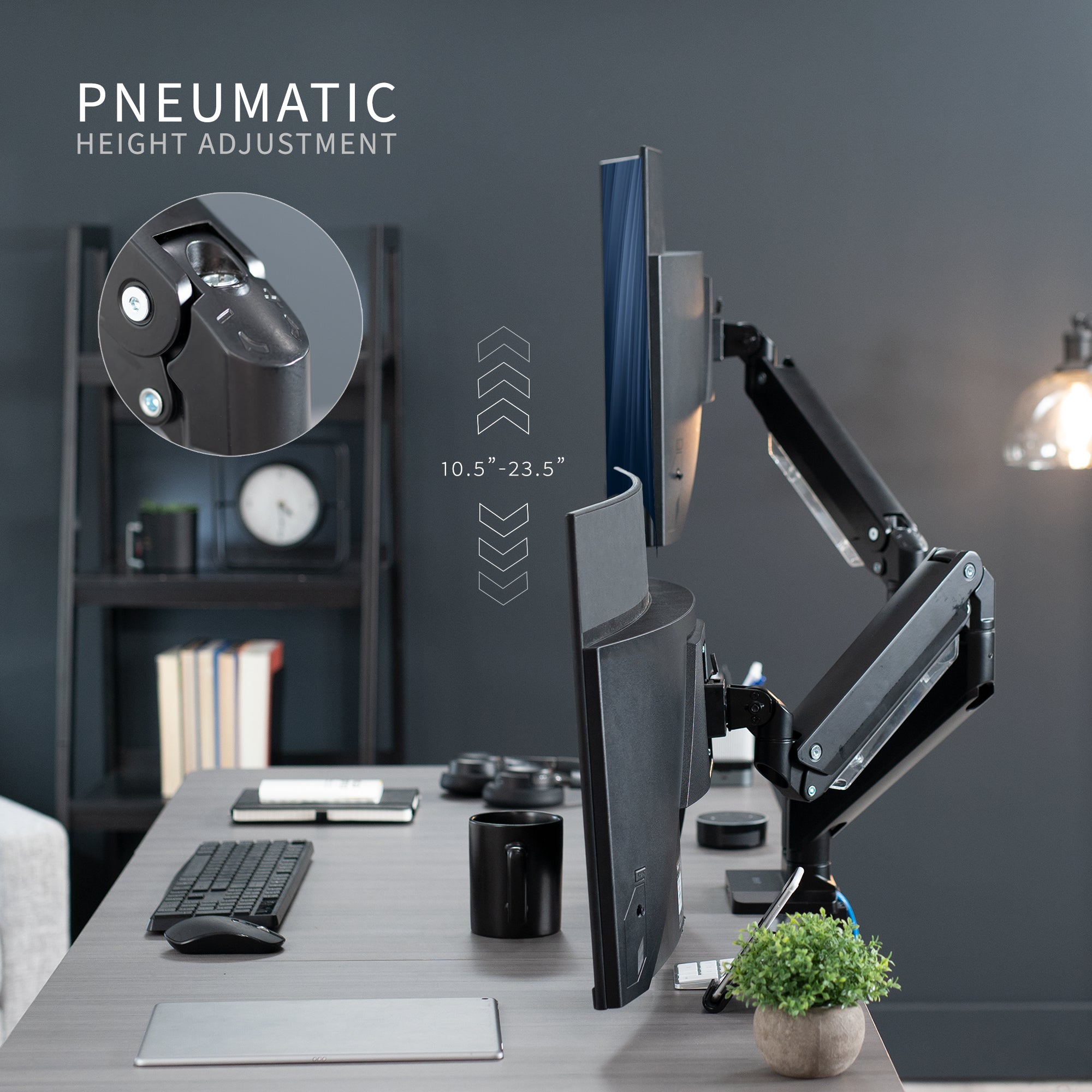 Adjustable pneumatic dual monitor desk mount with USB ports for ultrawide monitors.