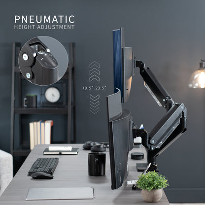 Adjustable pneumatic dual monitor desk mount for ultrawide monitors.