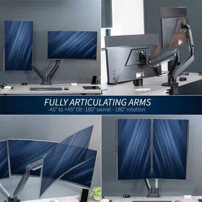 Adjustable pneumatic dual monitor desk mount for ultrawide monitors.