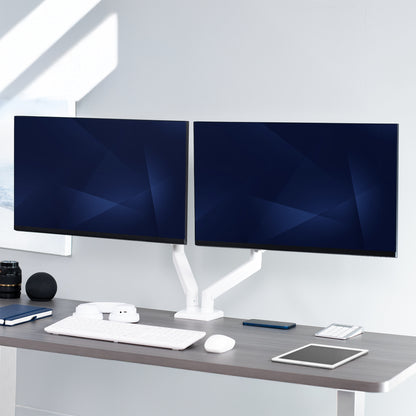 Heavy Duty Pneumatic Arm White Dual Monitor Desk Mount