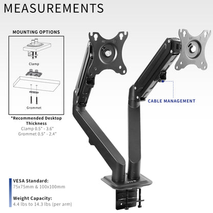 Pneumatic Arm Dual Monitor Desk Mount with Universal VESA Compatibility