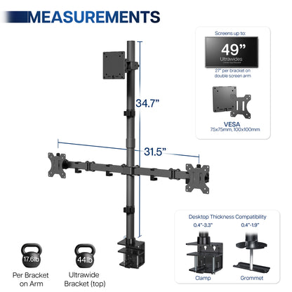 Monitor stand with measurements and compatibility details on a white background