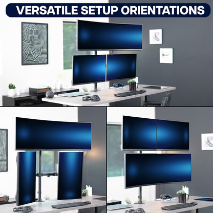 Collage of a computer setup with multiple monitors on a desk, emphasizing versatile setup orientations.