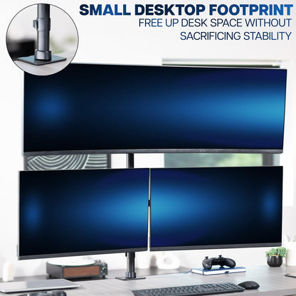 Two computer monitors on a desk with text about small desktop footprint and stability.