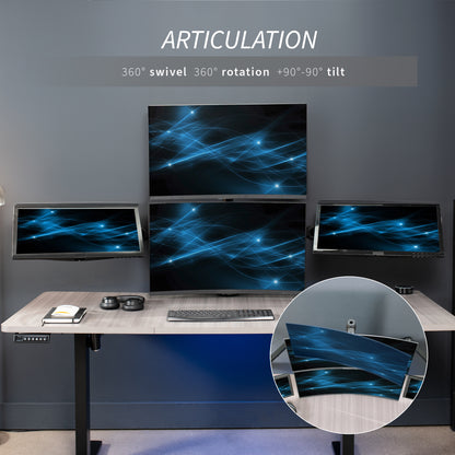 Quad monitor desk mount gives user multiple screens on one stand to multitask and have more viewing flexibility.