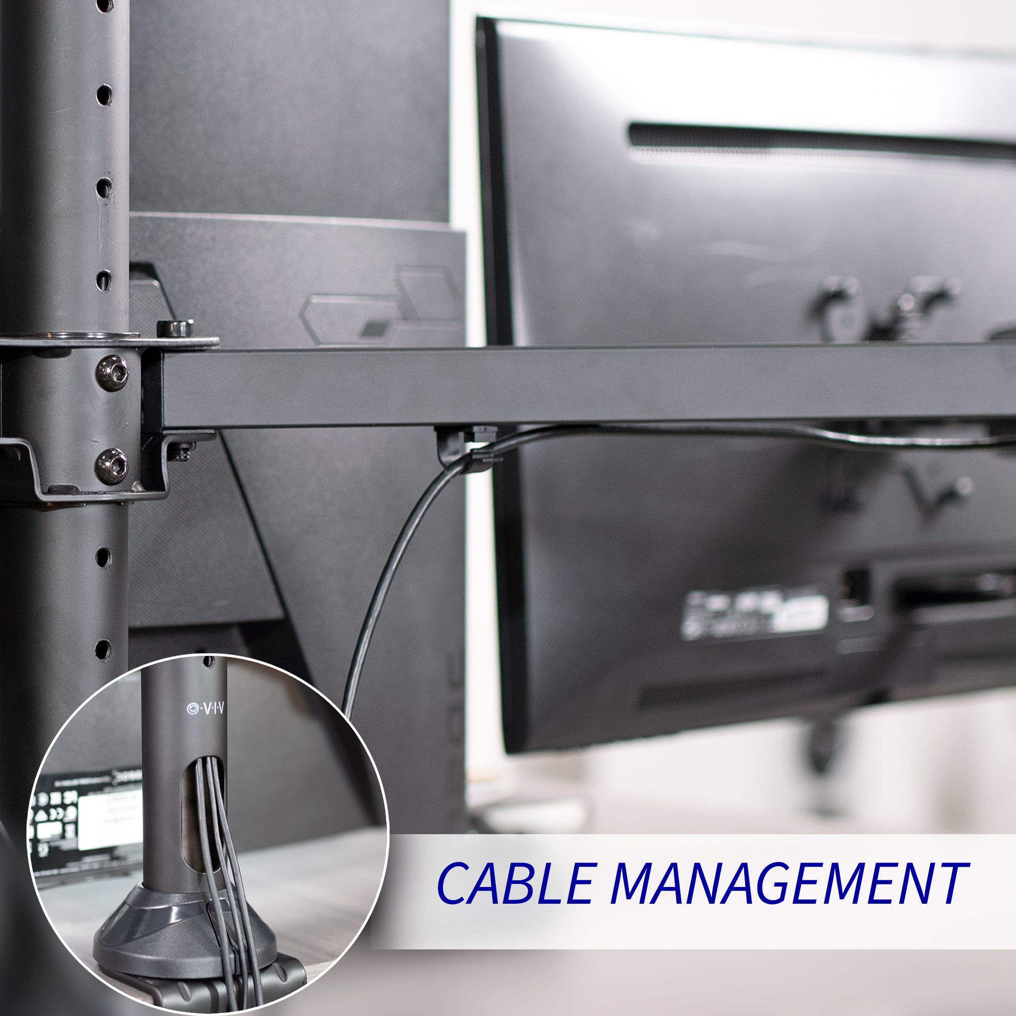 Quad monitor desk mount gives user multiple screens on one stand to multitask and have more viewing flexibility.