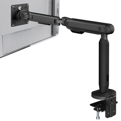 Black monitor arm attached to a computer screen on a white background