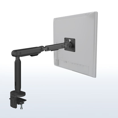 Black monitor arm attached to a computer screen on a white background