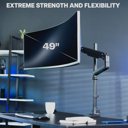 49-inch monitor on a desk with text above.