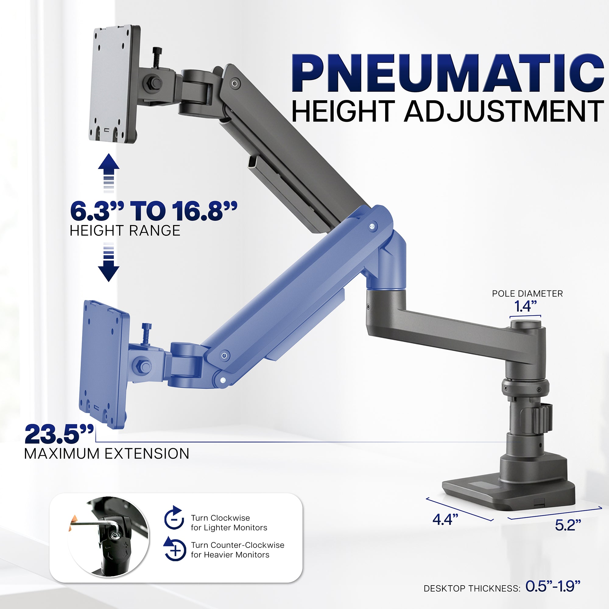 Pneumatic Arm Single Ultrawide Monitor Desk Mount - Up to 57" Screens