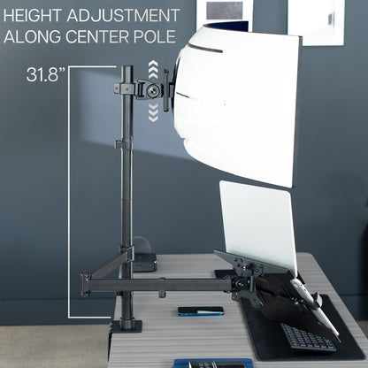 Laptop on a height-adjustable mount with softbox light above, on a desk.