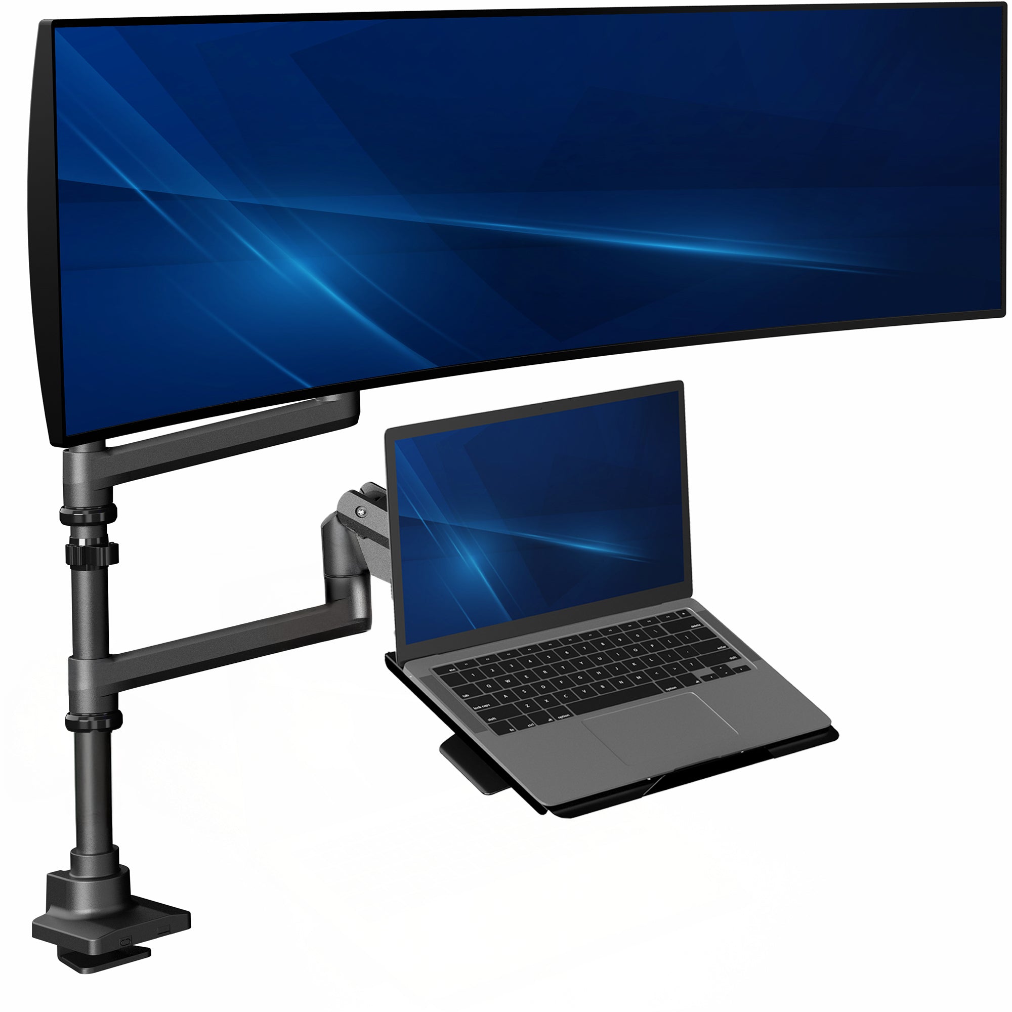Laptop on a stand with a monitor above it on a white background
