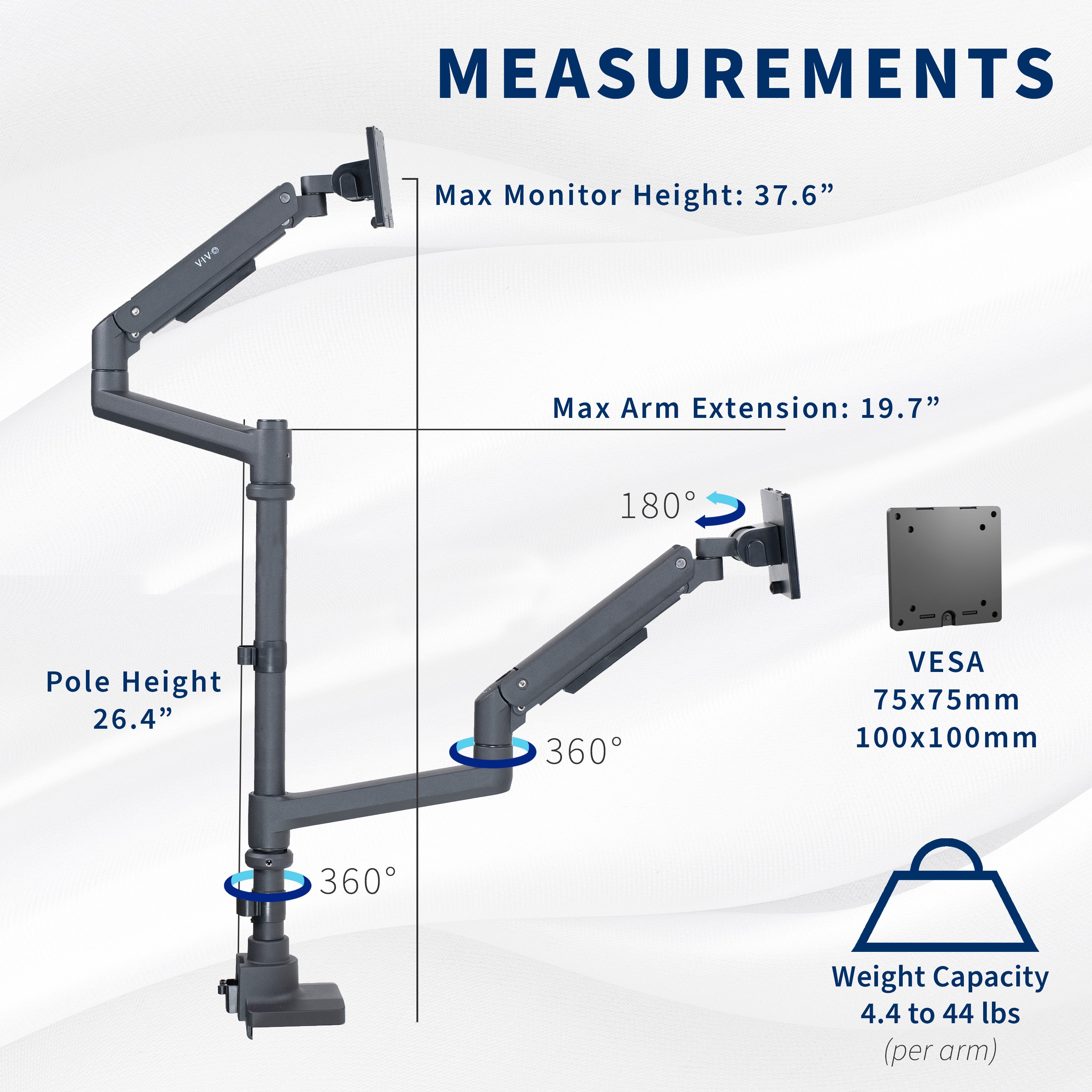 Pneumatic Arm Dual Ultrawide Monitor Extra Tall Desk Mount - Up to 49" Screens