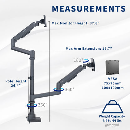 Pneumatic Arm Dual Ultrawide Monitor Extra Tall Desk Mount - Up to 49" Screens