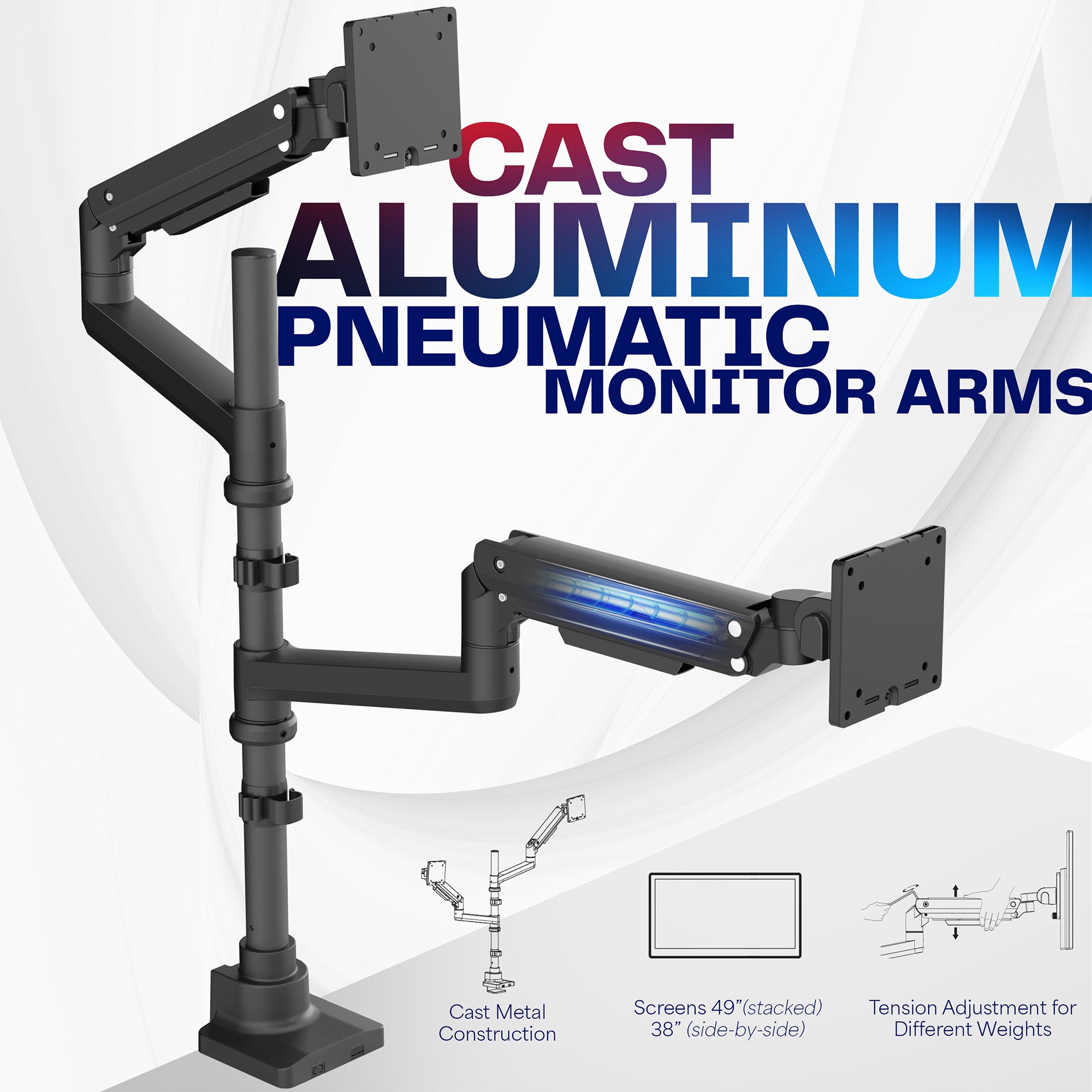 Pneumatic Arm Dual Ultrawide Monitor Extra Tall Desk Mount - Up to 49" Screens