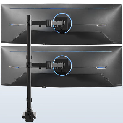 Two computer monitors on a stand with a light blue background