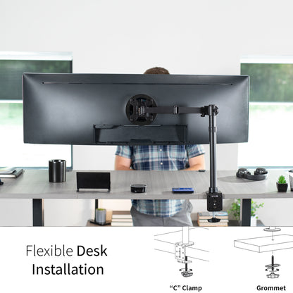 Single Ultrawide Monitor Desk Mount elevates ultra wide monitors to a comfortable viewing angle. The advanced tilt joint is designed to hold heavy screens securely.