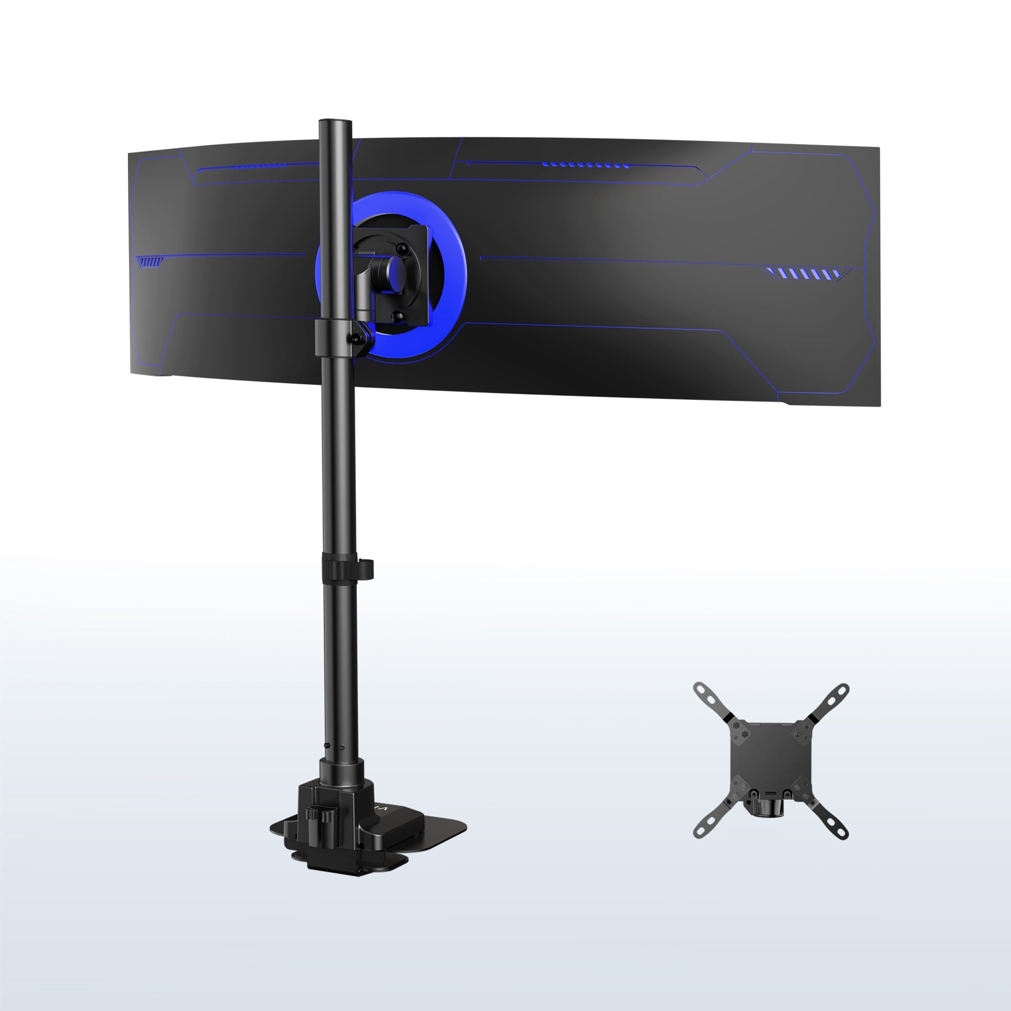 Monitor stand with a curved monitor on a white background