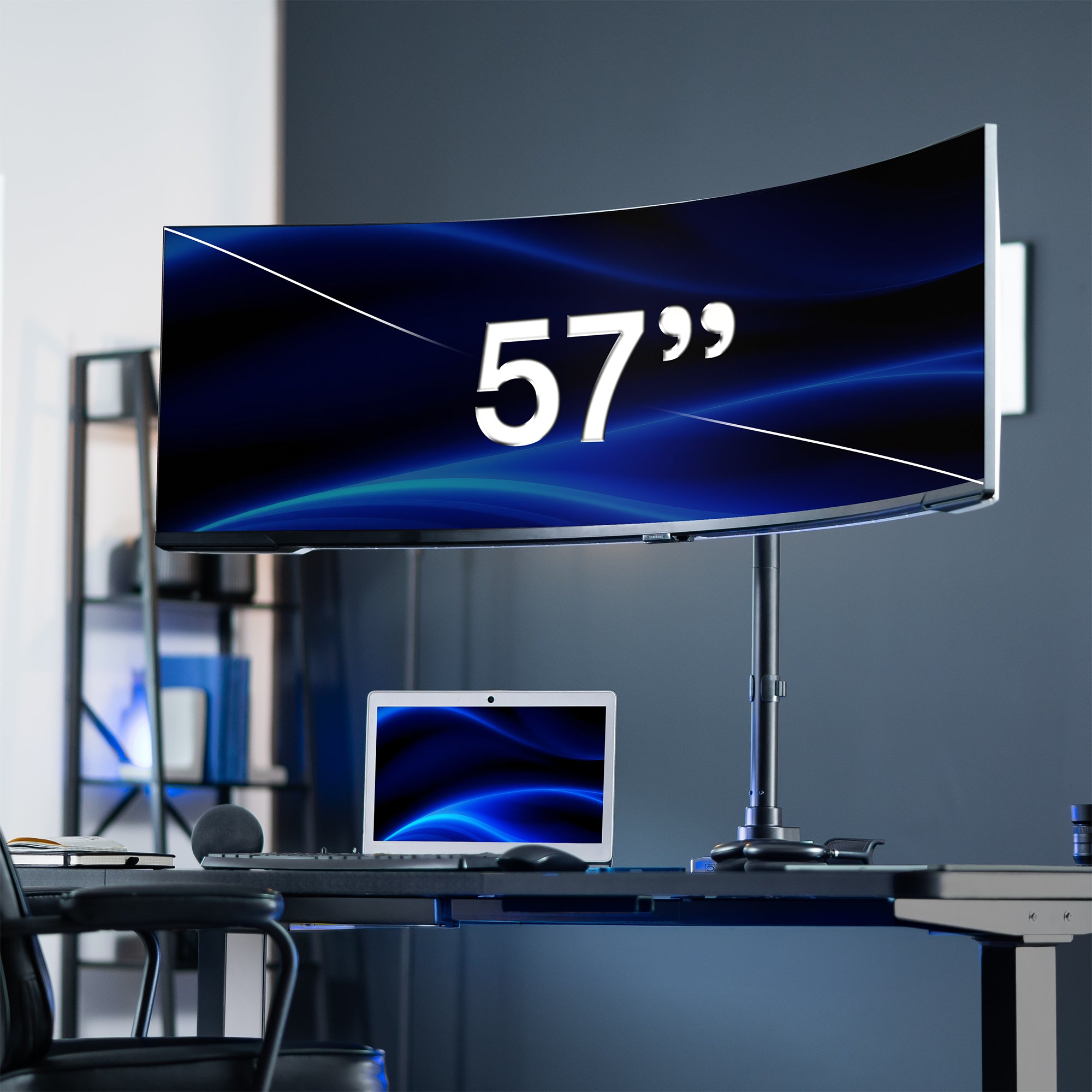 Large curved monitor up to 57” in a modern office setting.