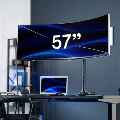 Large curved monitor up to 57” in a modern office setting.