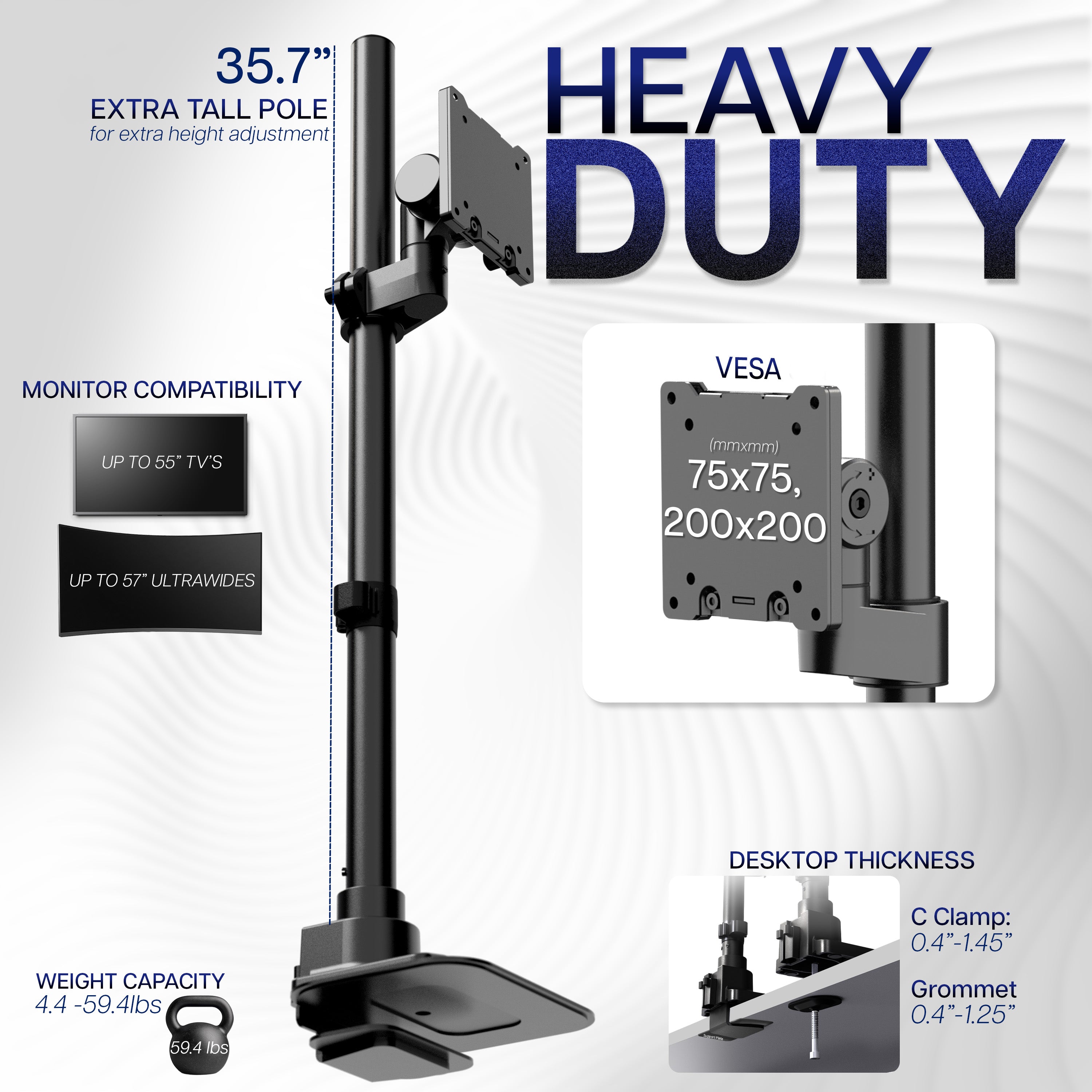 Heavy-duty monitor monitor stand with specifications on a white background