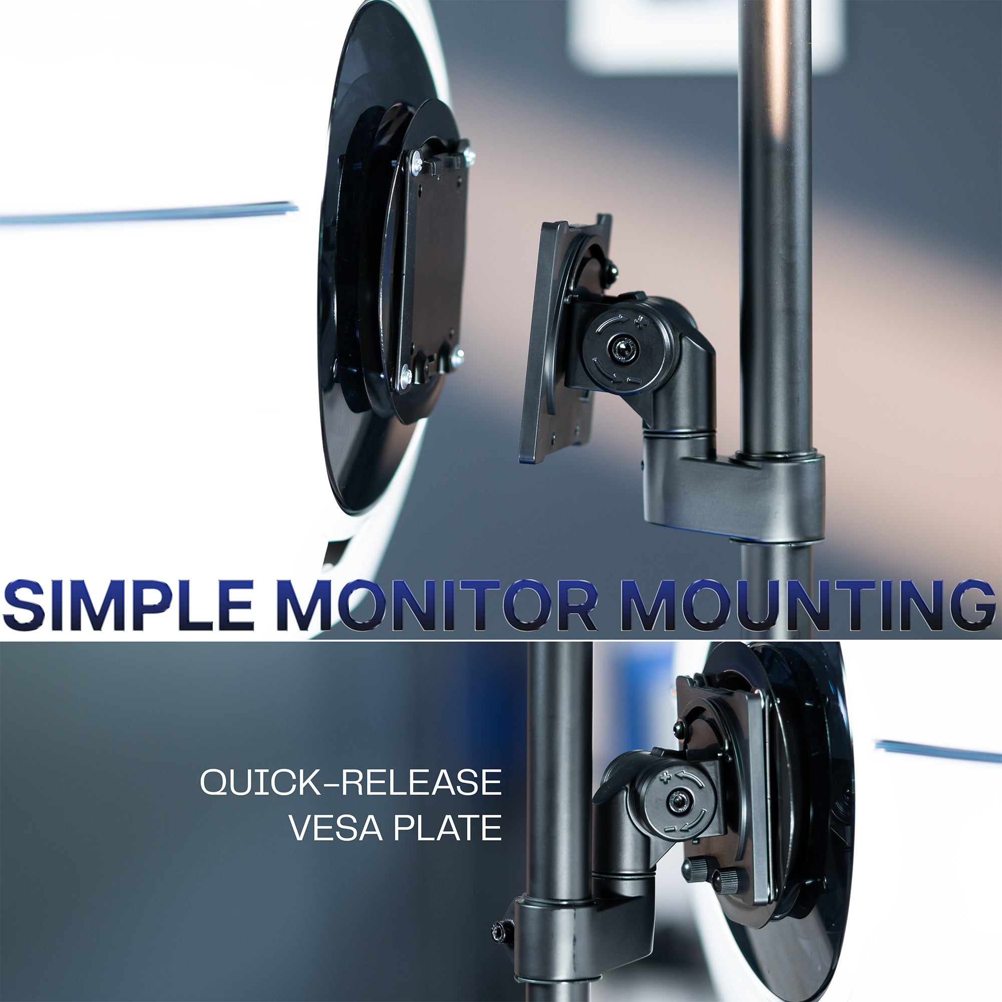 Monitor mounting bracket with quick-release VESA plate