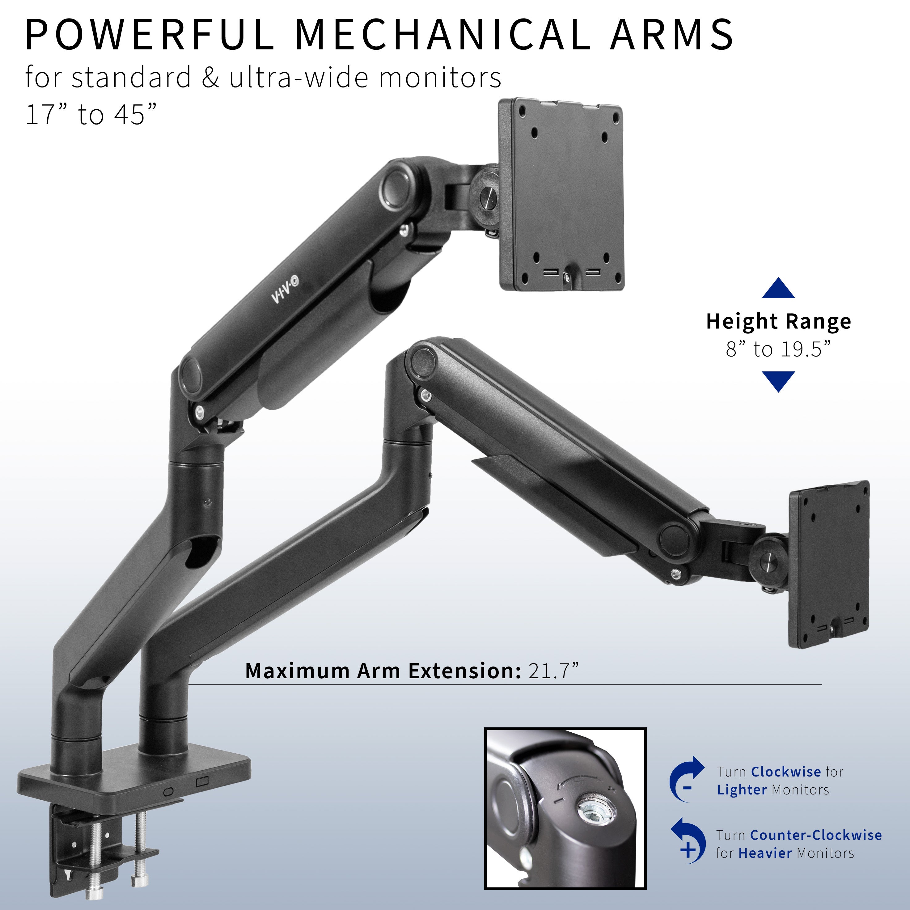 Mechanical Arm Dual Ultrawide Monitor Desk Mount - Up to 45" Screens