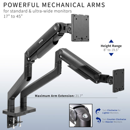 Mechanical Arm Dual Ultrawide Monitor Desk Mount - Up to 45" Screens