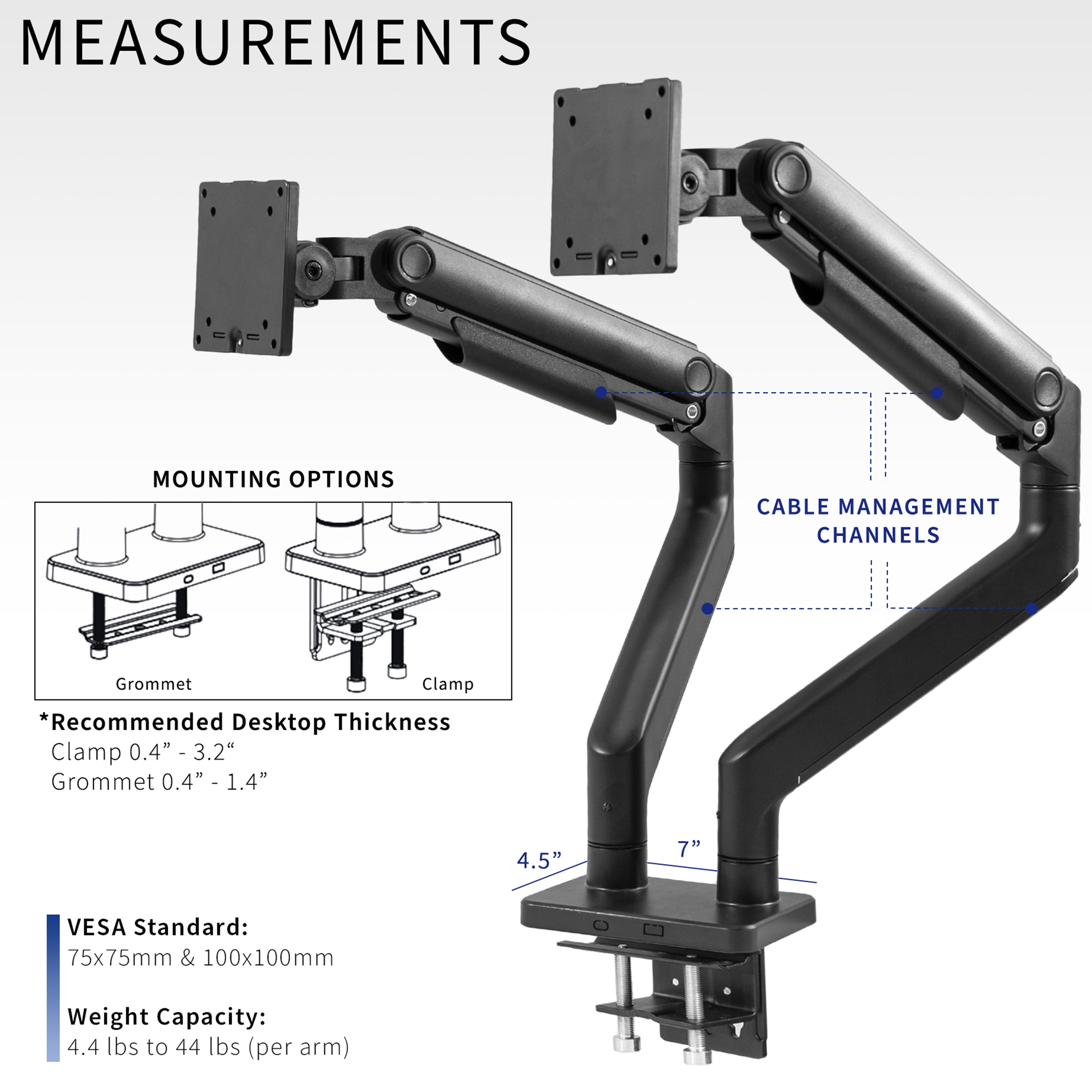 Mechanical Arm Dual Ultrawide Monitor Desk Mount - Up to 45" Screens