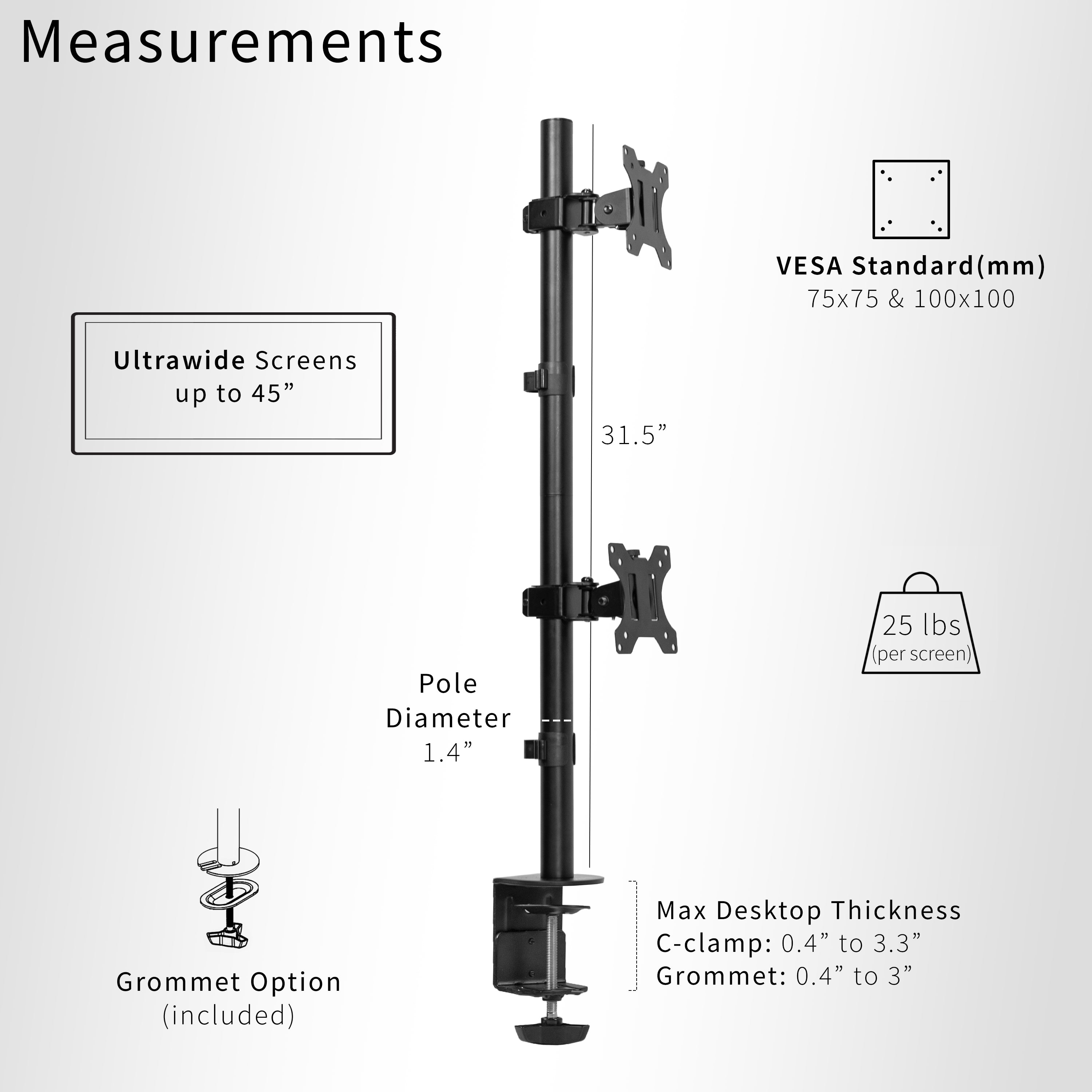 Dual Ultrawide Vertical Monitor Desk Mount elevates 2 large screens in a vertically stacked array to save desk space and create comfortable viewing angles.