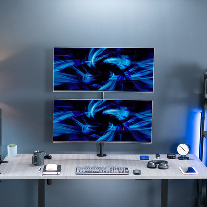 Dual Ultrawide Vertical Monitor Desk Mount elevates 2 large screens in a vertically stacked array to save desk space and create comfortable viewing angles.