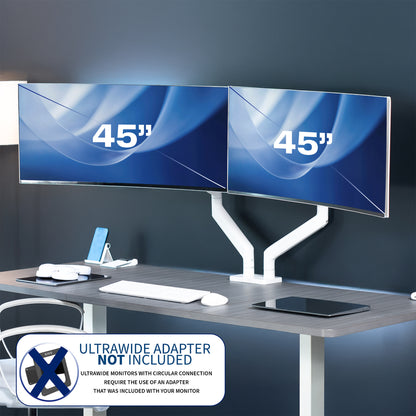 Two 45-inch ultrawide monitors on a desk with a dark wall background.